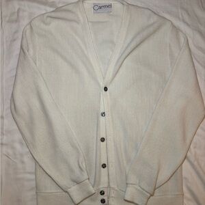 Vintage Carmel Men’s Cardigan, Cream, Sz L, Grandpa, Preppy, 80s, Made in USA